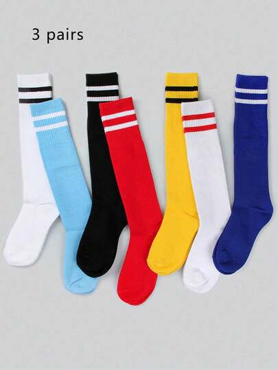 3 Pairs Kids' Sports Soccer Socks, Children Solid Color Stripe Over-The-Knee Soccer Sports Socks, Outdoor Activity Tall Socks Suitable For 3-9 Years Old Boys Girls