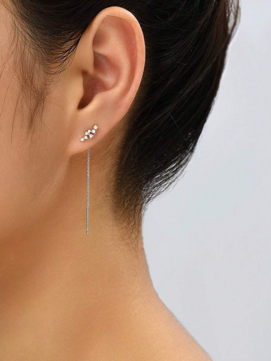 Nooxian 1 Pair Fashion Micro Pave Zirconia Tassel Threaded Earrings