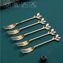 12/6/3/1pcs Stainless Steel Dessert Forks, 4.72inch Fruit Forks With Leaf Shaped Handles, Suitable For Home Afternoon Tea, Cafe, Fruit, Cake, Dessert, Minimalist And Elegant Stainless Steel Forks, Kitchen Essential, Tableware, Salad, Vegetable,School Supplies