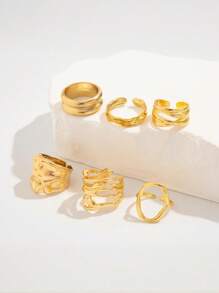 Set de 6 anillos con diseño asimétrico exagerado y abstracto de estilo vintage, anillos gruesos de color dorado con estilo punk y minimalista, ideales para el uso diario de las mujeres, regalos para vacaciones, fiestas y joyas de Charm