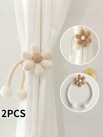 2pcs/1pc Set Floral & Faux Pearl Curtain Tiebacks, Polyester Fiber Material Modern Casual Style Flower Decoration Suitable For Thin Or Thick Curtains, No Drill, Adjustable, Applicable For Bedroom, Living Room, Kids Room Curtain Decor
