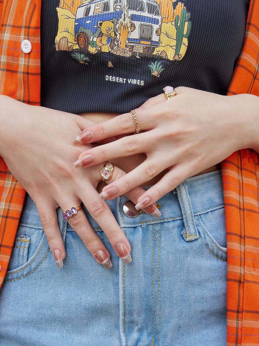 DareSee 4pcs/Set Fashionable And Elegant Luxurious Exquisite Colorful Gemstone Geometric Gold Rings Set For Women Music-Fest Y2K-Fest Back To School Autumn Winter Gifts Music Fest - Multicolor - View 1