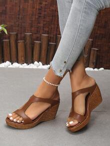 Sandali con tacco alto da 4,3 pollici, con zeppa e plateau, con punta aperta, eleganti e versatili, adatti per l'uso esterno - Castano - Visualizzare 3