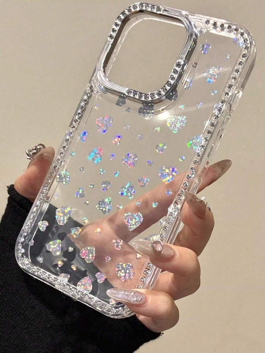 心形奢华闪亮水钻蝴蝶结环氧闪光透明手机壳适用于 16 Pro Max 15 14 13 防震保护保险杠硬质亚克力保护套 - 鐳射愛心 - 查看 1