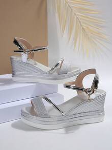 全新大码女式舒适休闲露趾双带坡跟凉鞋，一脚蹬平底拖鞋，时尚户外/沙滩风格，夏季 - 銀色 - 查看 6