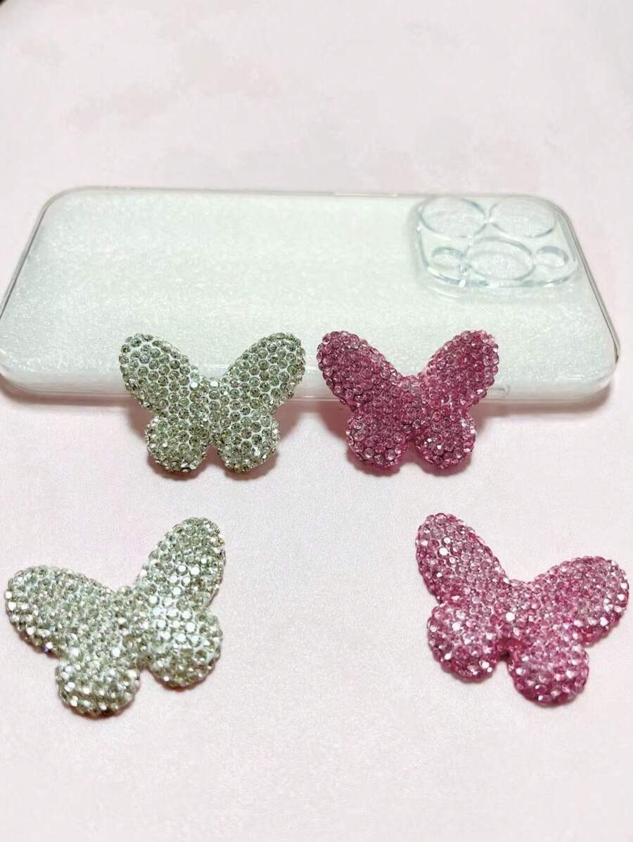 2Pcs Luxury Shining White&Pink Full Rhinestone Diamond Gentle Sweet Butterfly Flatback Junk Phone Case Decoration Charms Handmade Refrigerator Stickers Tablet Protective Cases Hairpin Accessories Diy Crafts Home Decoration Jewelry - 彩色 - 查看 1