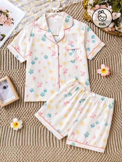 Set de 2 piezas de top de manga corta con botones y cuello polo + shorts con lazo para niñas preadolescentes - Conjunto de pijama casual y lindo con estampado floral colorido, para primavera/verano