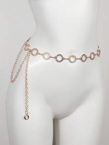 1pc Fashionable Minimalist Geometric Round Rhinestone Alloy Waist Chain, Dress Decor For Women - Gold - View 4