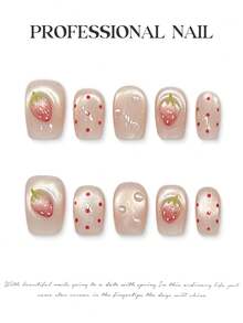 10pcs Summer Pink Hand Painted Cat Eye French Strawberry Polka Dot Handmade Acrylic Press On Nails, Cute Sweet Short Square Fake Nails With Jelly Glue And Nail File, DIY Nail Art Supplies Valentine's Day School Travel Handmade Press On Nails - Pink - View 6