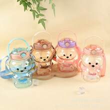1000ml Cute Bear Water Bottle With Lock Lid & Strap - Leakproof PC Travel Cup For Kids & Adults - Cartoon Tumbler For School, Gym, Outdoor