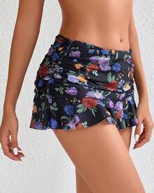 Halcurt Women's Low Waisted Ruched Ruffle Swim Skirts With Hipster Bikini Bottoms Tummy Control Swimsuit - Black/Floral - View 3