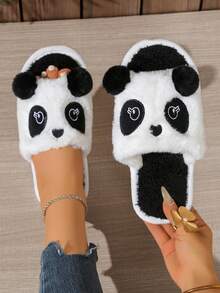 1 par de pantuflas deslizables bordadas con diseño de panda hechas de poliéster, de dedo abierto, unisex, aptas para todas las estaciones - Blanco y Negro - Ver 1