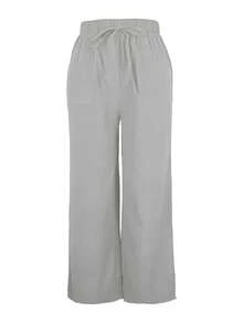 Pantalon droit à poches de couleur unie style casual pour femme - Gris - Voir 2