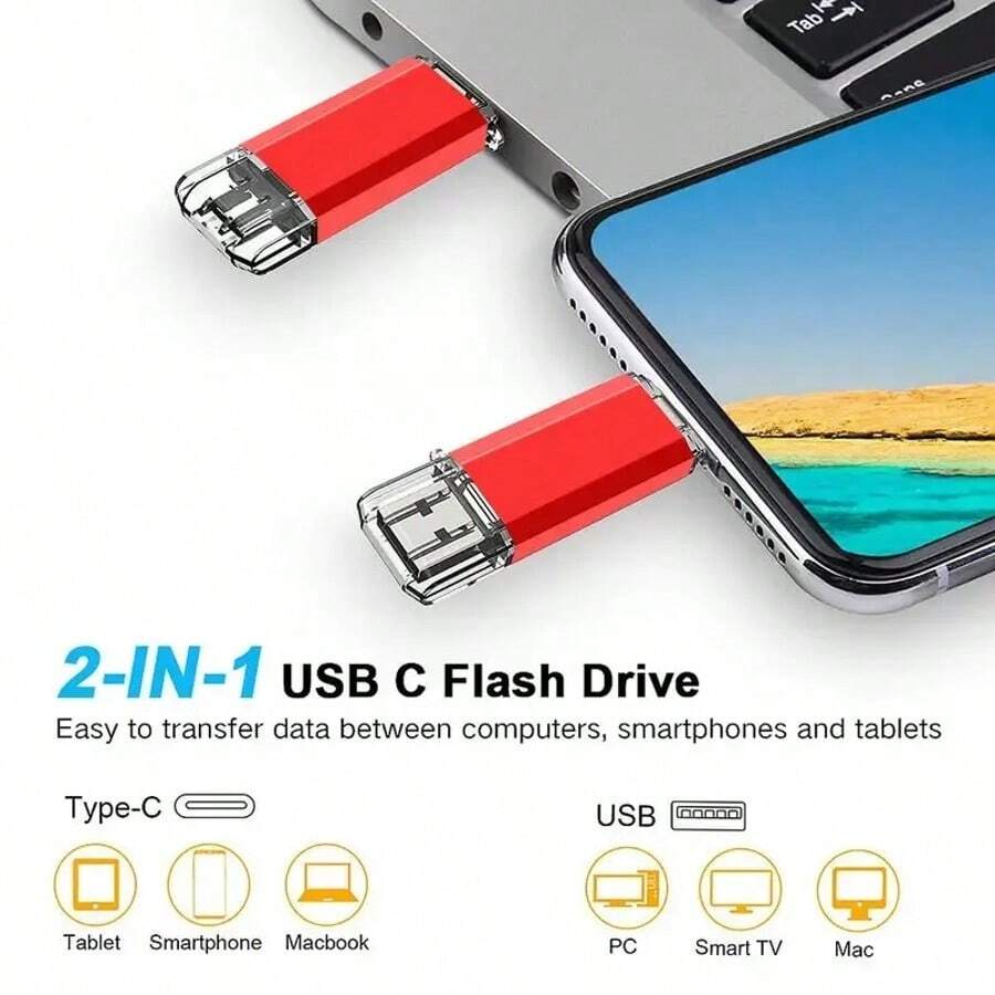 Biyetimi High Speed OTG USB Flash Drive 64GB/128GB Rotating USB Stick 32GB/8GB Compatible With Android/PC, Business Gift - Red - View 1