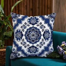 TOPSSCTR Set Of 4 Traditional Geometric Blue Porcelain Pattern Throw Pillow Covers, Polyester Zippered Cushion Cases, Machine Washable Woven Decorative Pillowcases For Various Room Types, 45cm X 45cm - No Insert, Single Side Design