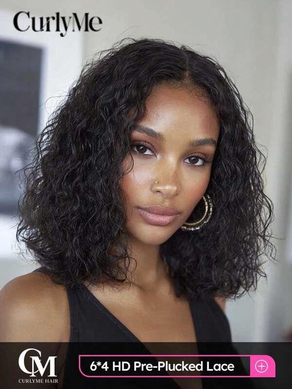 CURLYME Glueless HD Lace Front Water Wave & Bob Wig 6x4 Lace Closure 8-14 Inch 180% Density Extra Long Pre-Plucked Hairline Wear-And-Go Beginner-Friendly Natural Color