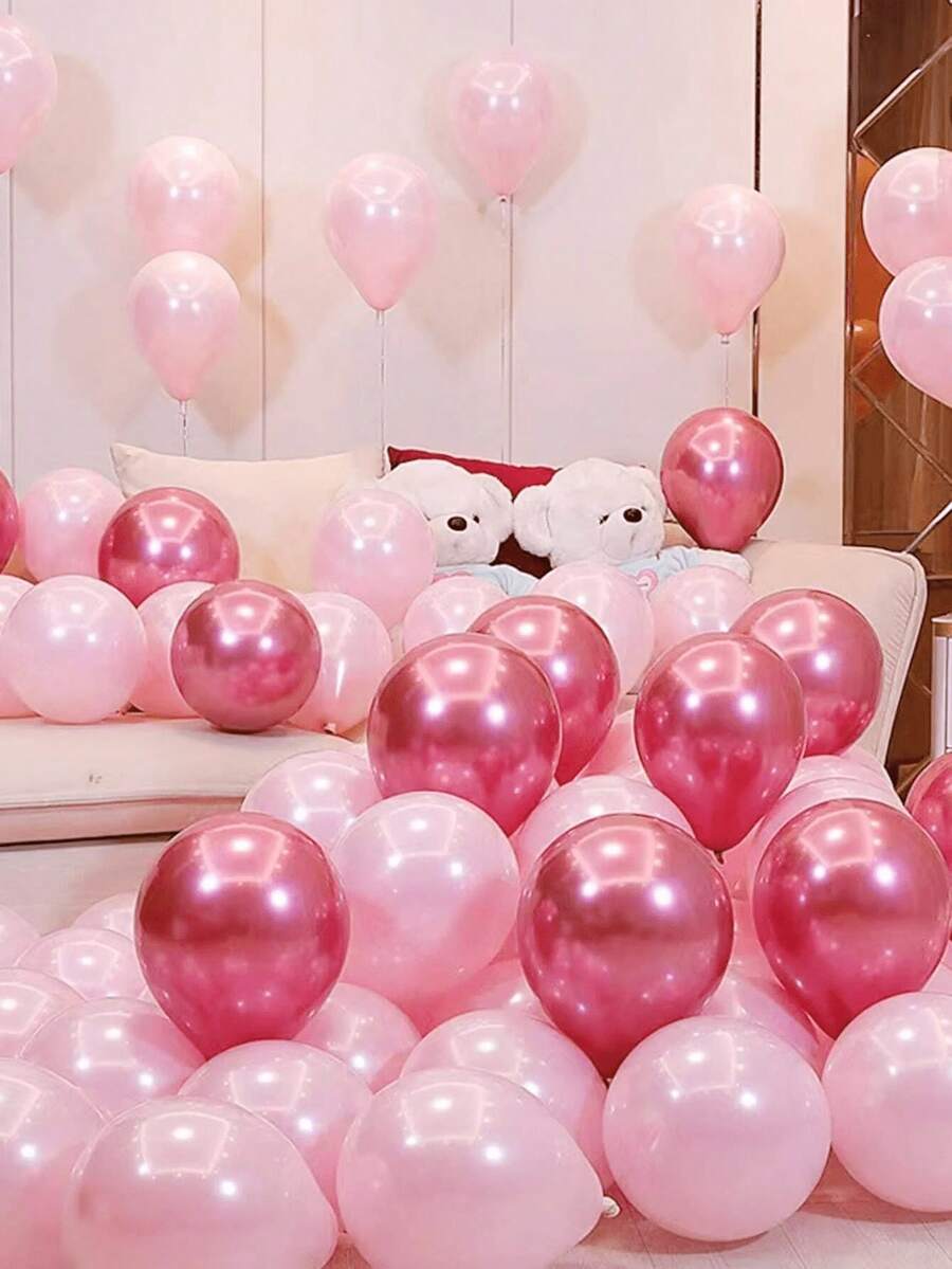 30pcs Pink & Red Metal Latex Balloon Set, Suitable For Wedding, Birthday, Princess Party Decoration - Tender Pink + Metallic Pink - View 1