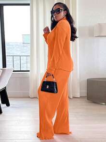 2pcs Women's Fashionable Pleated Shirt And Comfortable Wide-Leg Pants Set, Casual, Ladies Spring/Fall Casual Pocket, Zipper Long Sleeve Loose Black Blouse Pants Women Two-Piece Outfits, Casual Daily Wear - trái cam - Xem 5