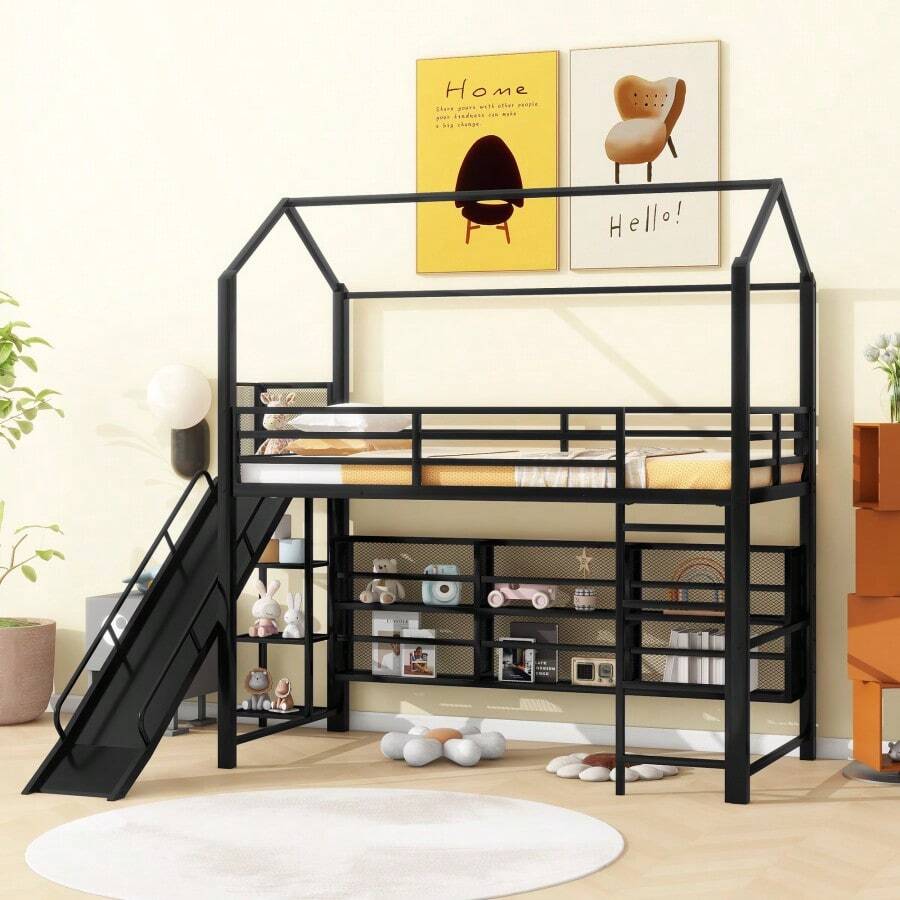 Twin Size House Metal Loft Bed With Iron Mesh Shelves And Slide,Black-9881 - Multicolor - View 1