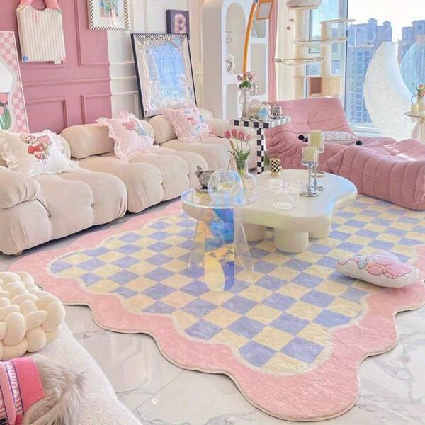 1pc Wavy Edge Plaid Faux Wool Carpet, Home Decor Carpets, Pink Plaid Faux Wool Carpet, Blue Plaid Faux Wool Carpet, Carpet, Rug, Carpet Living Room, Kitchen Mat, Carpet For Bedroom, Bathroom Mat, Rug Bedroom, Room Decor, Washable Rug, Hallway Runner, Boho Rug, Kitchen Rug