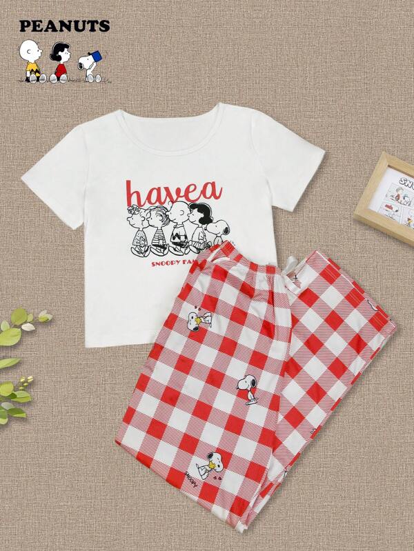 SNOOPY Authorized PEANUTS Snoopy 2-Pcs Sleeved Printed Short-T & Plaid Long Pants Pajama Set, Summer Women's Home Pajamas Outfit