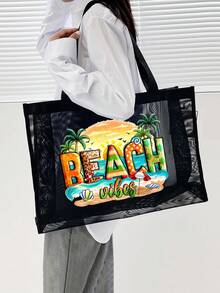 Geantă de plajă, la modă, cu ochiuri de mare capacitate, model de stele de mare vibrante pentru plajă de vară, geantă de plajă de mare capacitate pentru depozitare și cumpărături pe plajă, pentru fete adolescente, femei, studenți, cadou pentru ziua profesorului, cadouri de vacanță, cadou pentru mamă, cele mai bune cadouri pentru profesori pentru totdeauna pentru profesori Zi - Negru - Vizualizare 34