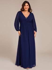 EVERPRETTY Plus Elegant Chiffon V Neck Long Sleeve Blue Bridesmaid Dresses Formal Dresses For Party Graduation - Navy Blue - View 4