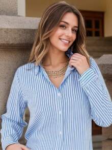 Steve Store Women's Fashion Striped Long Sleeve Button Down Shirt Elegant Fashion - 藍色 - 查看 2