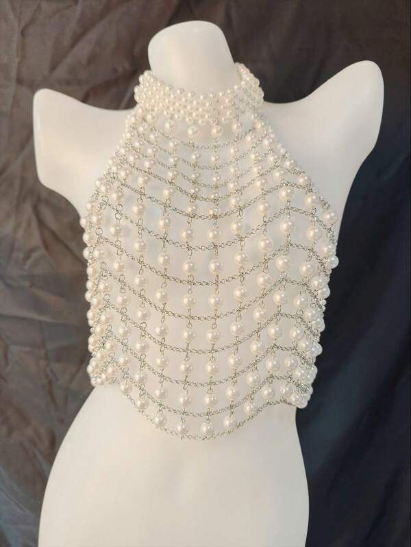 Sexy irisierender Falschperlen-Bodenteil-BH, der eine schöne Figur offenbart, unisex wilder Stil Göttinnen-Dessous, intimer Perlen-BH mit Kreuzrücken, Bikini-Design