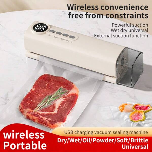 1 pezzo Macchina per sottovuoto senza fili, macchina per confezionamento alimentare domestica, macchina per sottovuoto automatica, accessori per la cucina, mobili per la cucina, macchina per la sigillatura sottovuoto per mantenere la freschezza, adatta per il sottovuoto domestico, incapsulamento di cibo per campeggio, uso domestico interno, campeggio esterno, riutilizzabile, a risparmio energetico