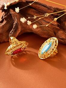 Conjunto de 1 peça estilo vintage antigo com pedras preciosas sintéticas longas e brilhantes, banhadas a ouro, anéis largos para mulheres, o melhor acessório para banquetes e festas, decoração de casamento, uso diário versátil, joias lindas para presentear quem você ama