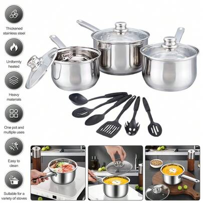 12pcs Stainless Steel Saucepan Set Induction Hob Pan With Lid Multipurpose Cooking Pot,3PCS Pans With Glass Lids+6pcs  Shovel Spoon
