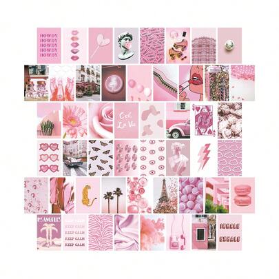 50pcs Elegant Pink Aesthetic Wall Collage Postcards, Dorm Photo Collection, Small Posters For Room Aesthetindy Pink Wall Art Prints, Cute Bedroom Home Wall Decor
