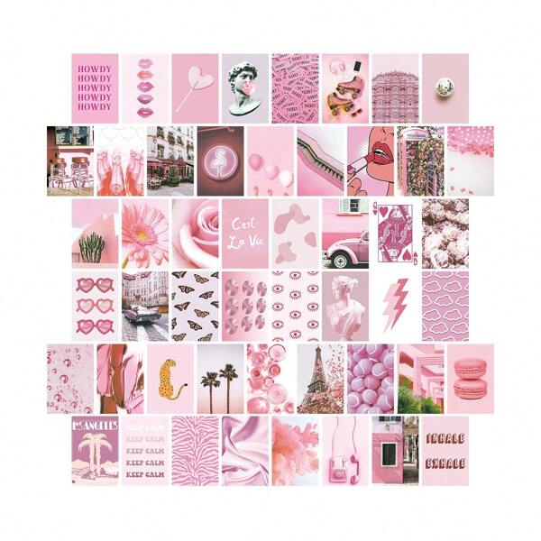 Juego de 50 piezas de colección rosa para collage de pared estético, kit de collage de colección rosa para decoración de habitación, pósteres para decoración de pared de dormitorio, decoración de pared de fotos para adolescentes, tarjetas postales