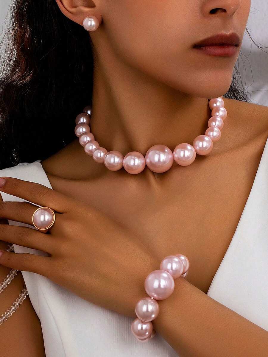 1 Set Women Jewelry Set - Faux Pearl Elegant Classic Earrings, Ring, Bracelet, Necklace Jewelry Set, Suitable For Daily Wear - Pink - View 1