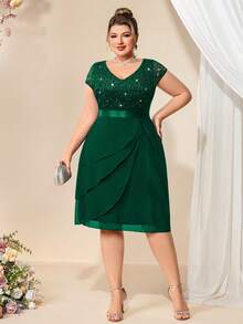 Sequin Lace V-Neck Ruffle Hem Chiffon Cocktail Dress, Suitable For Valentine's Day, Dinner Date, Graduation Ceremony, Homecoming - Dark Green - View 12