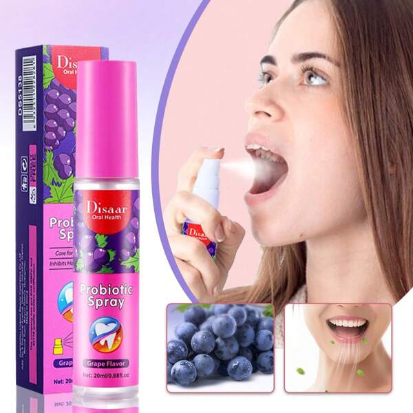 1 Pieza Vaporizador oral de sabor a uva, ambientador de aliento portátil, enjuague bucal, elimina el mal olor oral, spray para el aliento fresco, inhibe las bacterias dañinas y previene las enfermedades periodontales, cuida la salud oral, sin estimular la cavidad oral, llena rápidamente la boca tocando el área de limpieza ciega, hace que cada mordida de aliento esté fresca, los envases pequeños son fáciles de transportar.