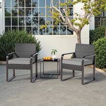 3 Pieces Patio Bistro Set,  Wicker Outdoor Patio Furniture Set, Rattan Conversation Patio Chairs With Glass Table, Furniture Set With Cushion For Balcony, Front Porch, Garden, Poolside