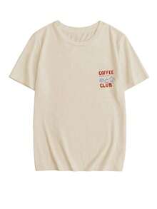 Women's New Casual Coffee & English Print Round Neck White Short Sleeve T-Shirt, Simple & Versatile, Suitable For Daily Wear