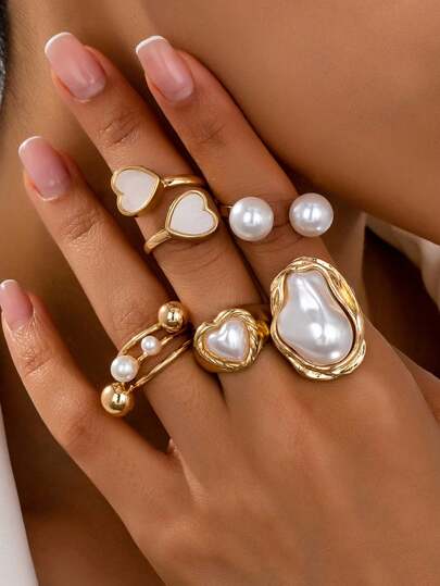 5pcs/Set Fashionable Versatile Pearl Geometric & Heart Shaped Ring Set For Women, Daily Wear