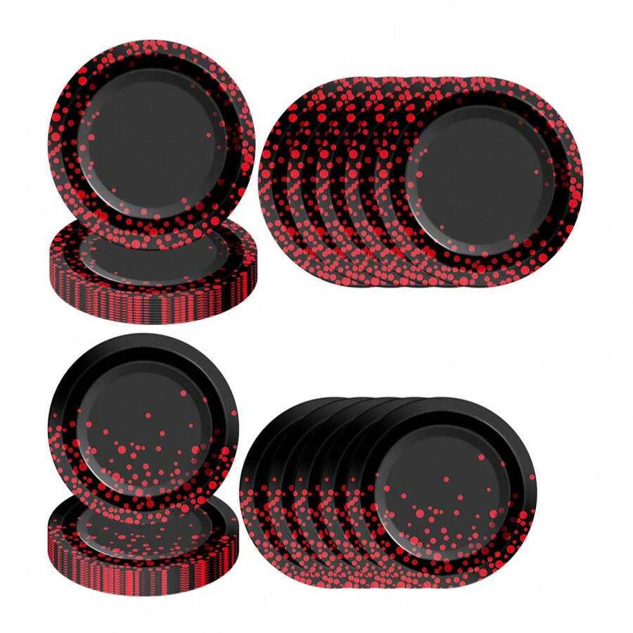 10/20/40pcs,Black Base Red Dot Disposable 7inch & 9inch Paper Plates,Red Confetti Rim Round Plates, Gradient Red Sparkle Dot Border Plate For Birthday Anniversary New Year Casino Night Club Graduation Theme Party Table Supplies - Multicolor - View 1