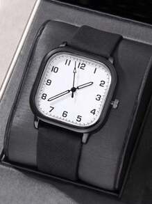 1 pieza Reloj de pulsera de cuarzo clásico y de moda para hombre con correa y esfera cuadrada, diseño minimalista casual, sin caja