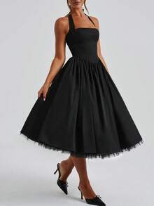 Women Halter Corset Midi Dress Sleeveless Backless A-Line Swing Dress Vintage Coquette Long Dress Party Wedding - 黑色 - 查看 2