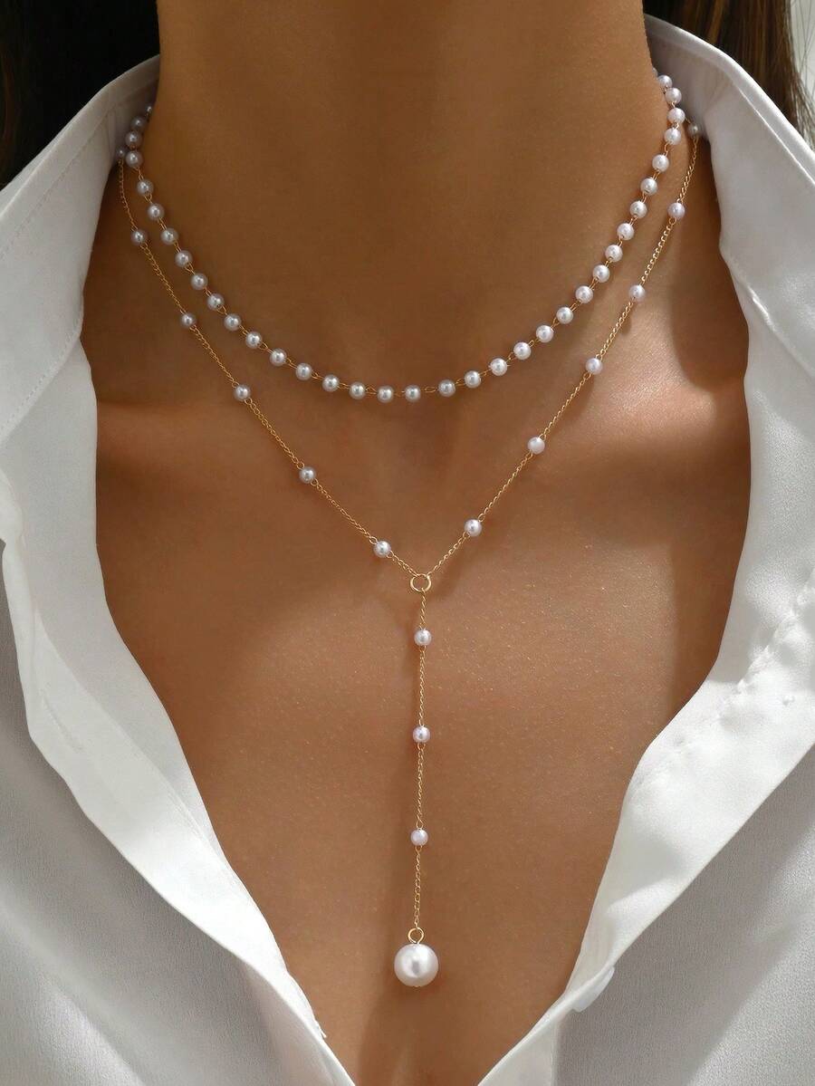 Modern Y Architecture Necklace Austrian Crystal Simulated Pearl 18K Vermeil Featherlight All Season Daily Wear Gift For Women - 金色 - 查看 1