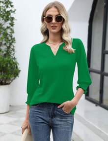 LOMON Women's 2025 Fashion Tops 3/4 Length Sleeve Business Casual Blouses Summer Tees Shirts - 綠色 - 查看 5
