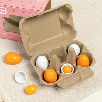 6pcs/Set Wooden Simulation Egg Toy Set, Children Play Pretend Wooden Food Eggs Yolk Kitchen Food Educational Toy
