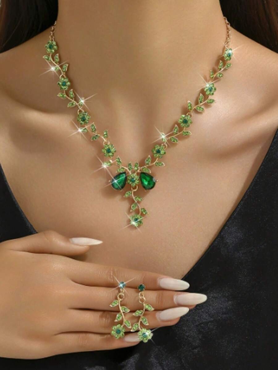 1 Set Women's Sunflower Crystal Necklace And Earring Jewelry Set, Suitable For Party, Wedding And Occasions - Green-gold - View 1