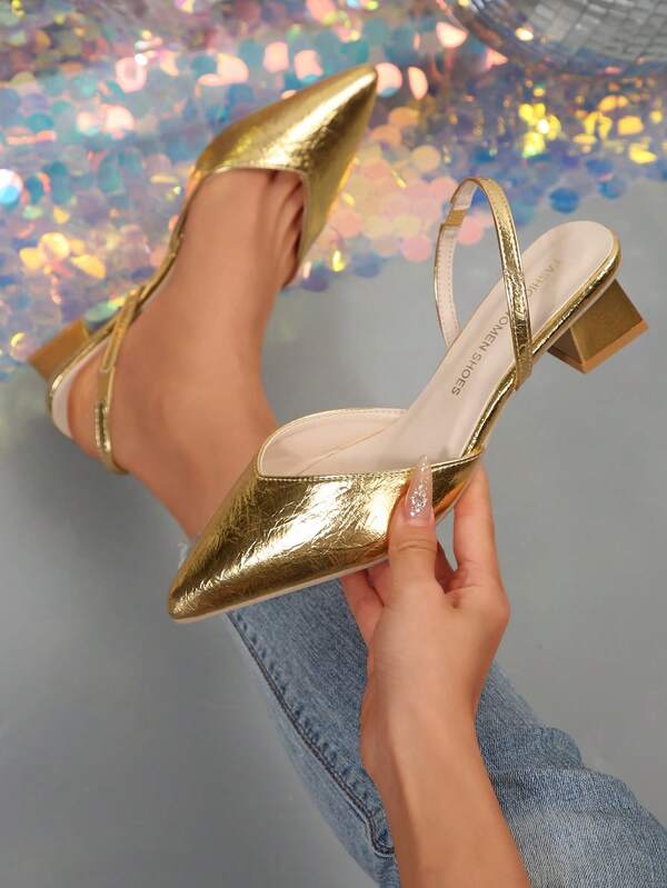Fall/Winter 2025 Women's Casual Gold Pointed Toe Slip-On Chunky Heel Sandals, Elegant, Women Pumps