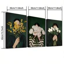 3pcs Optional Frame Canvas Print Decorative Painting,Emerald Green Floral Women Stripe Abstract Wall Arts Posters,Vintage Japandi Eclectic Art Style,Suitable For Living Room, Bedroom,Ideal Wall Art Home Decor Gifts