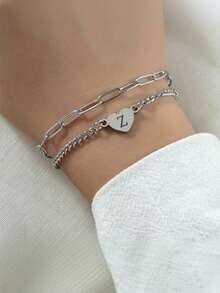 1 件朋克风格 26 字母不锈钢串珠女士/情侣手链，适合女性和情侣休闲日常佩戴 - 銀色 - 查看 10